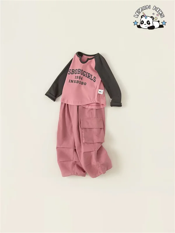 LEZONKIDS - Factory Direct Price Spring And Summer Girls Clothing Sets Long Sleeve Sweatshirt And Cargo Pants Outfits
